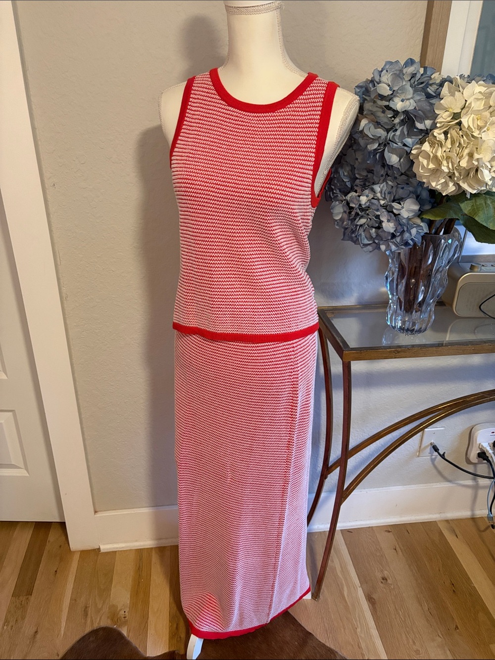 Commense Red and White Sleeveless Maxi 2 piece skirt set